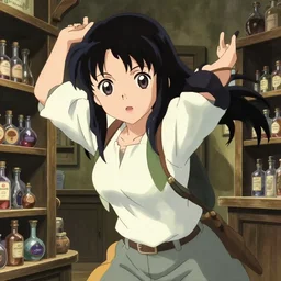 anime frames, anime visual, portrait of a young female traveler in a alchemist's potion shop interior, cute face by ilya kuvshinov and yoh yoshinari, katsura masakazu, mucha, dynamic pose, dynamic perspective, strong silhouette, anime cels, rounded eyes, smooth facial features