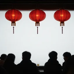 night club, five red chinese lanterns, people's silhouettes close up, minimalism, by edward hopper