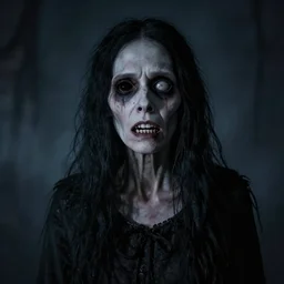 photorealistic of a darkness scene scary ugly old woman, broken teeth, gouged out eye,, medium shot, mid-shot, highly detailed, inspired by Tim Burton, trending on Artstation, Unreal Engine 4k