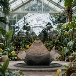 high quality dslr photograph of a highly reflective chrome octahedron in a tropical greenhouse. alien structure, masterpiece, stunning, amazing, super resolution. atmospheric, Extremely detailed