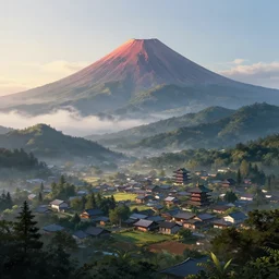 a powerful japanese village high in mountains, calm morning, fanart artstation global illumination rtx hdr fanart arstation 3 d, volcano, concept art by greg rutkowski and laurie greasley, fantastic landscape, 8 k, cinematic color grading