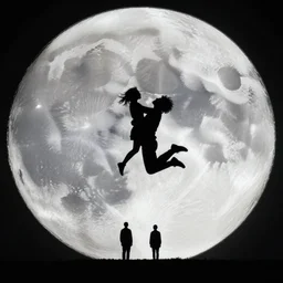 the background is a huge moon. in the night environment, a man jumps into the air with a woman in his arms. in the middle of the moon are very little two figures in black silhouettes.