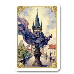 dixit card, billowing cloth, focal point, character balancing, prague bridge, spire, dark fantasy. intricate, amazing composition, colorful watercolor, by ruan jia, by maxfield parrish, by shaun tan, by nc wyeth, by michael whelan, by escher, illustration, gravity rush, volumetric