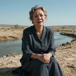 65-year-old Gaia Titan crying one emotionless tear, facing the camera and sitting on a dried up river in a desolate land, blue sky, hot and sunny, highly-detailed, elegant, dramatic lighting, artstation, 4k, cinematic landscape, photograph by Elizabeth Gadd