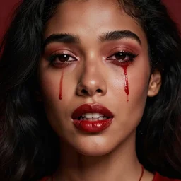 A masterpiece head and shoulders portrait of a beautiful black haired woman with fangs crying tears of red blood