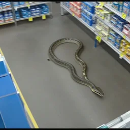 cctv footage of large snake in walmart, high angle security camera feed, blurry and glitchy,