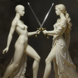 two girls fighting mannequins with swords, intricate, elegant, highly detailed, digital painting, artstation, concept art, smooth, sharp focus, illustration, art by wlop