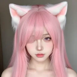 a pale girl with pink hair and cat ears, bang covering one eye