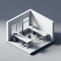 isometric view of an office, clean, minimalist, brutalist style, harsh light and shadows, octane render