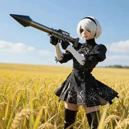 with stinger rocket launcher in nier : automata, in yellow rye field under blue sky