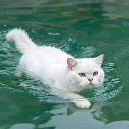 a very cute white cat is swimming