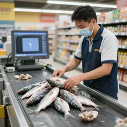 supermarket assistant scanning a pile of dead fish ans shellfish on the conveyor belt at supermarket checkout, soft focus, XF IQ4, 150MP, 50mm, F/1.4, ISO 200, 1/160s, natural light, Adobe Photoshop, Adobe Lightroom, photolab, Affinity Photo, PhotoDirector 365