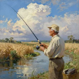 elderly man intent on fishing with a fishing rod in a river. around a cane field, finely painted in oil, light clouds in the blue sky,
