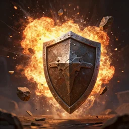 stone shield explosion with flying pieces, fantasy, style artstation, style greg rutkowsk, octane render, unreal engine 6, epic game graphics, fantasy, conceptual art, ray tracing