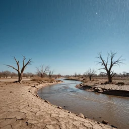 panorama of big raindrops flying upwards into the perfect cloudless blue sky from a dried up river in a desolate land, dead trees, blue sky, hot and sunny highly-detailed, elegant, dramatic lighting, artstation, 4k, cinematic landscape, photograph by Elisabeth Gadd