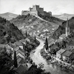 crooked ancient town in a valley between hills, artstation, artgerm, by frank frazetta, by peter bruegel the elder, by takato yamamoto, winding river in center, walled palace on top of a hill, black and white