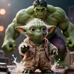 yoda as the hulk, splash art, movie still, cinematic lighting, dramatic, octane render, long lens, shallow depth of field, bokeh, anamorphic lens flare, 8 k, hyper detailed, 3 5 mm film grain