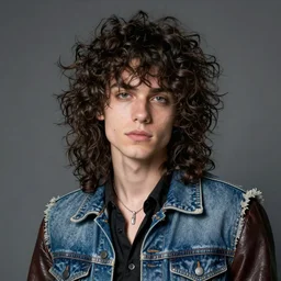 “Portrait of a pretty punk rock young man with messy long curly dark brown hair and a denim vest over a leather jacket, as painted by ikegami yoriyuki”