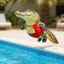 anthropomorphic crocodile wearing a red swim suit is jumping in a swimming pool