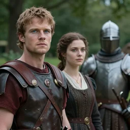 sharp, highly detailed, film from a 2 0 1 9 sci fi 8 k movie, time travelers suddenly appear in a park in 2 0 1 9, a man from the roman empire and a woman from 1 8 5 0 and a knight, each wearing correct era clothes, atmospheric lighting, in focus, reflective eyes, 3 5 mm macro lens, live action, nice composition