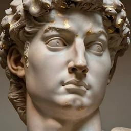 Photograph Of face Michelangelo's sculpture, Parts of the face have golden rinds and small cracks