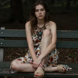 dslr photo of a pretty young woman, with brown hair, sitting on a bench wearing a flower skirt, and body and wearing hemp sandals and a very detailed faerie necklace around neck, artgerm, artstation, very high quality face, intricate details, extremely high quality, moody lighting, real camera, real photo, zoomed out shot, photography by deviantart, 8 k