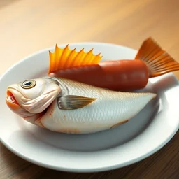 realistic 3 d unreal engine render of a half fish half sausage alone on a plate, fish fins on a sausage
