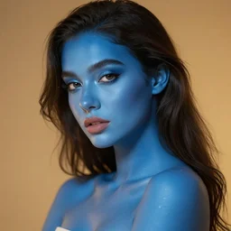 a beautiful woman, bleu skin, warm lighting, 8 k