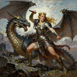 A beautiful oil painting of a viking woman fighting a dragon, by Lucas Graciano, Frank Frazetta, Greg Rutkowski, Boris Vallejo, epic fantasy character art, goddess of war, fantasy armor, Exquisite detail, post-processing, low angle, masterpiece, cinematic