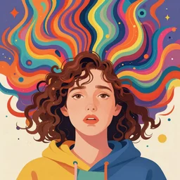 a colorful vibrant closeup portrait of a simple caucasian woman with curly mid length brown hair with a calm afraid aesthetic face hoodie dreamy vibes floating head and dreaming psychedelic hair, by kawase hasui, moebius, edward hopper and james gilleard, zdzislaw beksinski, steven outram colorful flat surreal design, hd, 8 k, artstation