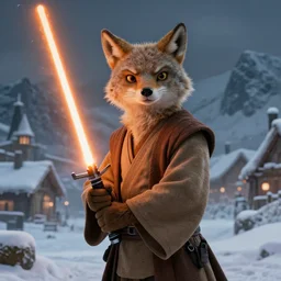 portrait, anthropomorphic coyote wearing Jedi robes wielding an orange lightsaber. Snowy mountain town. dramatic lighting, cinematic, establishing shot, extremely high detail, photo realistic, post processed, artstation, matte painting, style by eddie mendoza, raphael lacoste, alex ross
