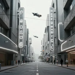 photorealistic streetscape, simple brutalist architecture, metal, concrete, white neon lights, neon signs, flying vehicles, pedestrians, no wires, no powerlines, greg rutkowski, syd mead, ralph mcquarrie, concept art, matte painting, finely detailed, minimal artifacts, rule of thirds, dynamic lighting, cinematic, denoised, centered, artstation