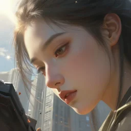 giant female face looking down into a building, intricate, sharp focus, lens flare, bloom, illustration, highly detailed, digital painting, concept art, matte, art by ruan jia and wlop and greg rutkowski, masterpiece