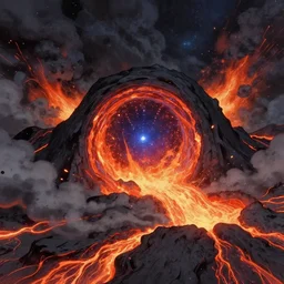 intergalactic stargate portal in the middle of a volcanic eruption, with lava and ash all around it, style of anime