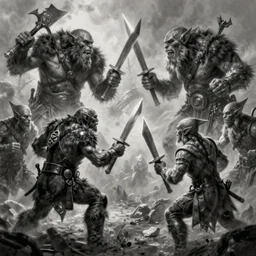 orcs fighting elves, highly detailed, smooth, sharp focus, dark fantasy, greyscale, digital illustration, by artgerm, greg rutkowski, alphonse mucha