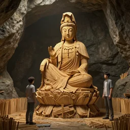 craig mullins and ghibli digital illustration of a statue of guanyin made of joss sticks, in a stone cave, surrounded by joss sticksunreal engine, hyper realism, realistic shading, cinematic composition, realistic render, octane render, detailed textures, photorealistic, wide shot