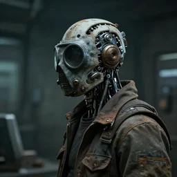 a small half - masked rugged laboratory engineer man with cybernetic enhancements as seen from a distance, scifi character small portrait by greg rutkowski, esuthio, craig mullins, 1 / 4 headshot, cinematic lighting, dystopian scifi gear, gloomy, profile picture, mechanical, cyborg, half robot, implants, dieselpunk