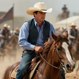cinematic close up artwork of ted cruz in a cowboy hat riding a horse into battle by greg rutowski, 4 k, masterpiece