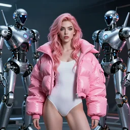 beautiful portrait, bell delphine, wearing oversized pink puffy bomber jacket and white leotard, futuristic chrome drones, ultra realistic, dramatic lighting, robots, tron legacy artifacts, highly detailed by peter mohrbacher, wayne barlowe, boris vallejo, aaron horkey, gaston bussiere, craig mullins