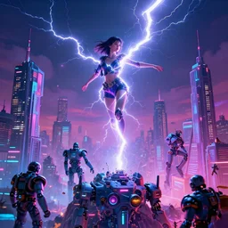 girl made of lightning hovers over robot city in strange mountaintops, synthwave, bright neon colors, highly detailed, cinematic, tim white, vladimir kush, philippe druillet, roger dean, bob eggleton, michael whelan, boris vallejo, alfred kelsner, kubrick, jaroslaw jasnikowski