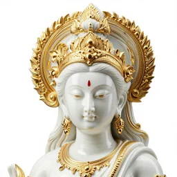 full head and shoulders, beautiful modern female, white colourful porcelain sculpture, smooth, shiny, hindu god, with lots of ornate gold leaf, attached to head by daniel arsham and james jean, on a white background, delicate facial features