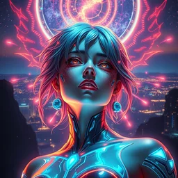 miracle symphony x nightcore aesthetic, scenic upper body, technological optimism, stunning face and eyes, dramatic pose, pixiv