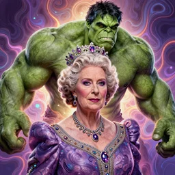 portrait of queen elizabeth as the hulk, hyperdetailed illustration by irakli nadar and alexandre ferra, volumetric lighting, psychedelic, intricate, hyper detailed, smooth, vibrant aura, intricate linework