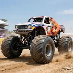 a large prawn driving a monster truck at an american monster truck rally, high quality photograph