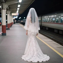 analog photograph of beautiful woman from the back, wearing a long flowing trumpet style lace wedding dress and veil in a train - station platform at night, by mark owen. pastel colours. bokeh. cinematic. hq. detailed. contrast. cinestill 8 0 0 t