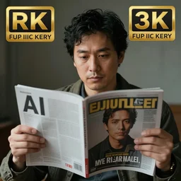 realistic exposed expired fuji film portrait of a man holding up a magazine named ai, hyperrealism, hypermaximalism, photorealistic, detailed, atmospheric, 8 k, award winning photography, cinematic