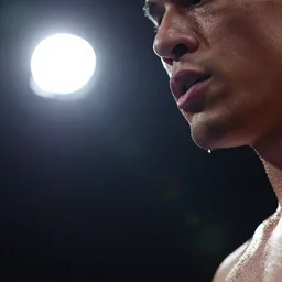 close - up picture boxing ko, sweat drops, slow - motion, studio lightining, flash,