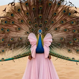 peacock feathers blending into each other, covering a large sand dune, autumn, perfect face, sharp focus, directed gaze, haute couture, picture of the year award, pastel colors, vivid, fashion photography, cinematic lightning, nature photography, 8 k hd in the style of zdzisław beksinski