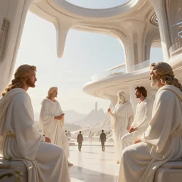 the gods meeting at olympus, by tim blandin and arthur haas and bruce pennington and john schoenherr, big windows architecture by zaha hadid, octane render, warm colour scheme, white, cinematic, scenery, cgsociety, modernism, futuristic, trending on artstation, sci - fi, high detail, high quality, close up angle, people walking