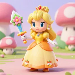 Princess Daisy of the mushroom kingdom in a yellow and orange dress holding a floral sword, pastel colors, 4k, 100lb cardstock